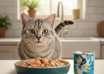 Animonda'nın En İyi 5 Kedi Maması: Sağlık ve Lezzet Rehberi 8 A beautiful, healthy silver tabby cat is looking with anticipation at a stylish ceramic bowl filled with premium wet cat food
