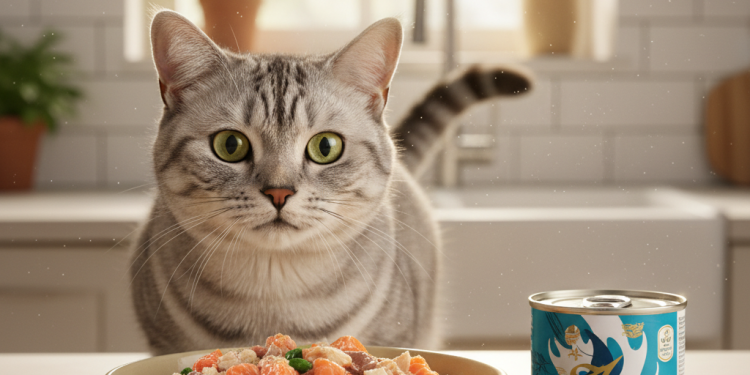 Animonda'nın En İyi 5 Kedi Maması: Sağlık ve Lezzet Rehberi 1 A beautiful, healthy silver tabby cat is looking with anticipation at a stylish ceramic bowl filled with premium wet cat food