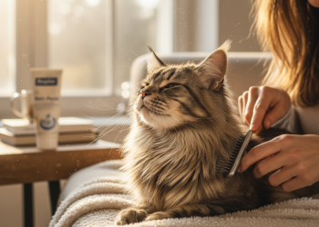 A photorealistic shot of a beautiful, healthy long-haired Maine Coon cat being gently groomed by its owner in a cozy, sunlit living room