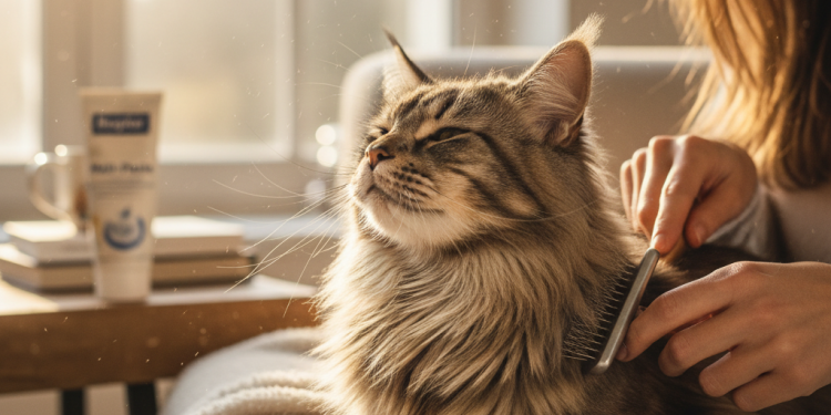 Beaphar Mama ile Kedilerde Tüy Yumağı Sorununa Etkili Çözümler 1 A photorealistic shot of a beautiful, healthy long-haired Maine Coon cat being gently groomed by its owner in a cozy, sunlit living room
