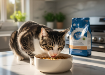 Bonnie Kedi Maması: Kediniz İçin En İyi 5 Mama ve Seçim Rehberi 6 A stunning, photorealistic shot of a healthy domestic shorthair cat with glossy fur, happily eating from a clean ceramic bowl