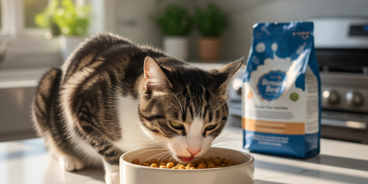 A stunning, photorealistic shot of a healthy domestic shorthair cat with glossy fur, happily eating from a clean ceramic bowl