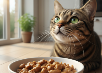 A photorealistic, heartwarming close-up shot of a healthy and happy adult domestic shorthair cat with tabby markings