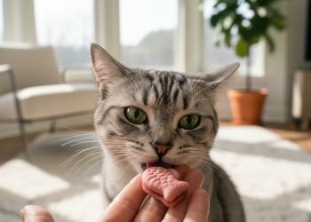 A highly detailed, photorealistic shot of a beautiful silver tabby cat with striking green eyes, gently taking a small, sandwich-style Flamingo cat treat from a person's outstretched hand