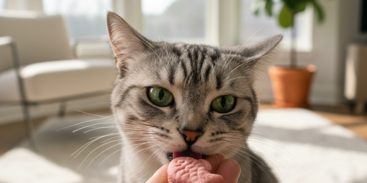A highly detailed, photorealistic shot of a beautiful silver tabby cat with striking green eyes, gently taking a small, sandwich-style Flamingo cat treat from a person's outstretched hand