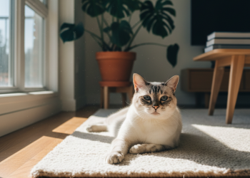 A photorealistic, heartwarming medium shot of a senior domestic cat, perhaps a silver tabby or a graceful Siamese, resting comfortably on a plush, cream-colored rug in a brightly lit living room