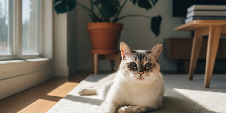 A photorealistic, heartwarming medium shot of a senior domestic cat, perhaps a silver tabby or a graceful Siamese, resting comfortably on a plush, cream-colored rug in a brightly lit living room