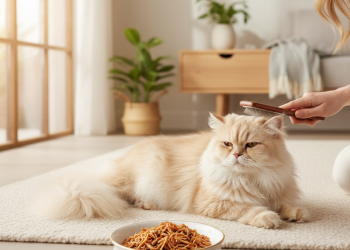 A photorealistic image of a luxurious long-haired cat, possibly a Maine Coon or a Persian, being gently brushed by its owner in a bright, modern, and sunlit living room