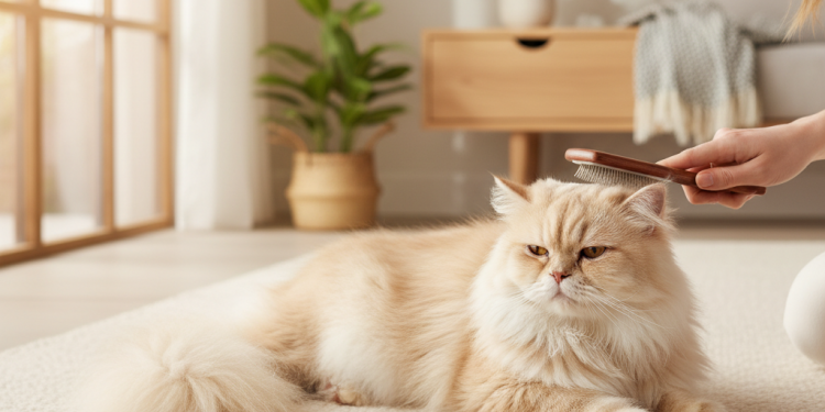 A photorealistic image of a luxurious long-haired cat, possibly a Maine Coon or a Persian, being gently brushed by its owner in a bright, modern, and sunlit living room