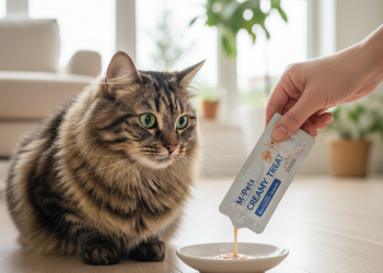 A photorealistic, heartwarming shot of a beautiful long-haired tabby cat in a bright, modern living room