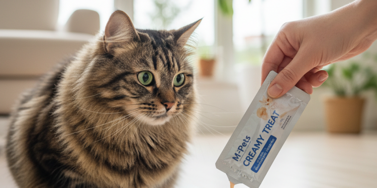 A photorealistic, heartwarming shot of a beautiful long-haired tabby cat in a bright, modern living room