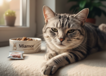 A photorealistic, heartwarming close-up shot of a mature silver tabby cat lounging comfortably on a plush, cream-colored blanket next to a sunlit window