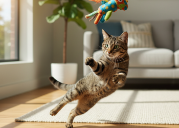 A photorealistic, bright, and cheerful shot of a playful tabby domestic shorthair cat in mid-pounce towards a colorful plush cat toy