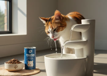 A healthy, beautiful calico cat is calmly drinking water from a stylish, modern ceramic water fountain in a brightly lit, minimalist living room