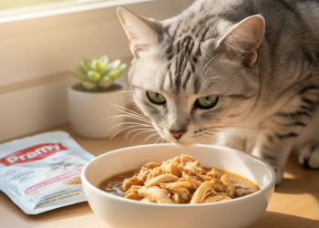 A photorealistic image of a beautiful, healthy silver tabby cat in a bright, modern kitchen
