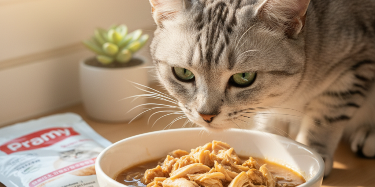 Pramy Kedi Maması Nasıl Kullanılır? Adım Adım Rehber 1 A photorealistic image of a beautiful, healthy silver tabby cat in a bright, modern kitchen