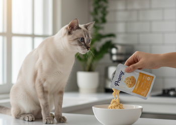 Pramy Yetişkin Kedi Maması: Satın Alma Rehberi ve İpuçları 7 A photorealistic, high-resolution image capturing a heartwarming scene in a bright, modern kitchen