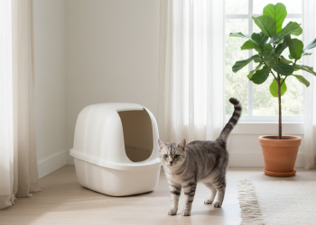 A photorealistic shot of a bright, sunlit living room with minimalist decor