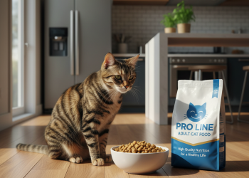 A photorealistic, heartwarming shot of a healthy adult Domestic Shorthair cat in a modern, sunlit kitchen