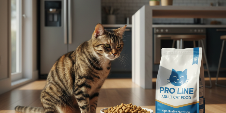 A photorealistic, heartwarming shot of a healthy adult Domestic Shorthair cat in a modern, sunlit kitchen