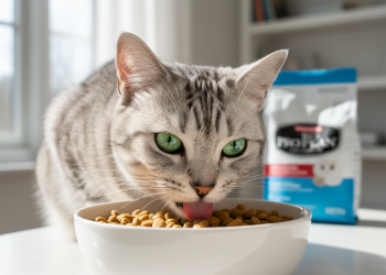 A stunning, photorealistic close-up shot of a healthy, beautiful cat (a silver tabby) with bright green eyes, delicately eating from a clean, white ceramic bowl filled with Pro Plan dry kibble