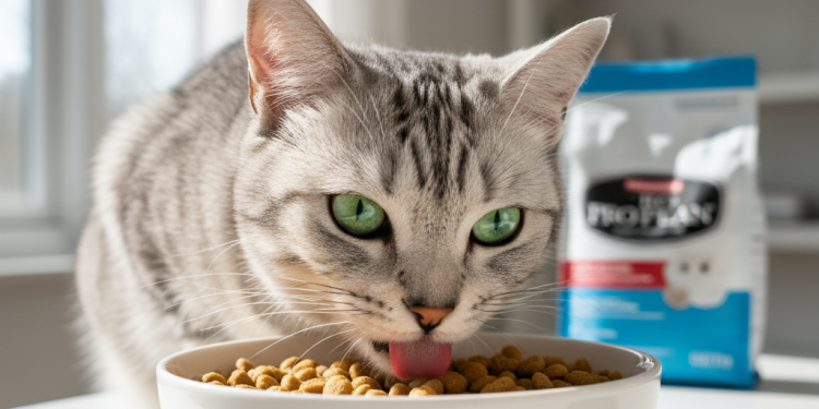 A stunning, photorealistic close-up shot of a healthy, beautiful cat (a silver tabby) with bright green eyes, delicately eating from a clean, white ceramic bowl filled with Pro Plan dry kibble