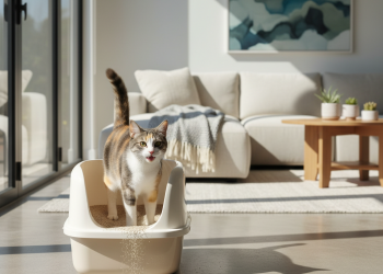 A photorealistic, bright, and clean interior shot of a modern living room