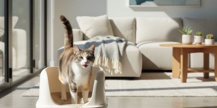 A photorealistic, bright, and clean interior shot of a modern living room