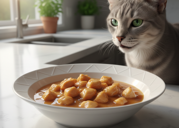 A close-up, photorealistic shot of a luxurious cat food meal being served
