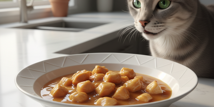 A close-up, photorealistic shot of a luxurious cat food meal being served