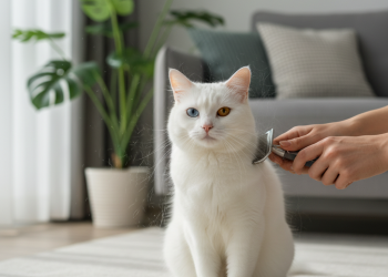 A stunning, photorealistic shot of a pure white Van cat with one blue eye and one amber eye, sitting gracefully in a brightly lit, modern living room