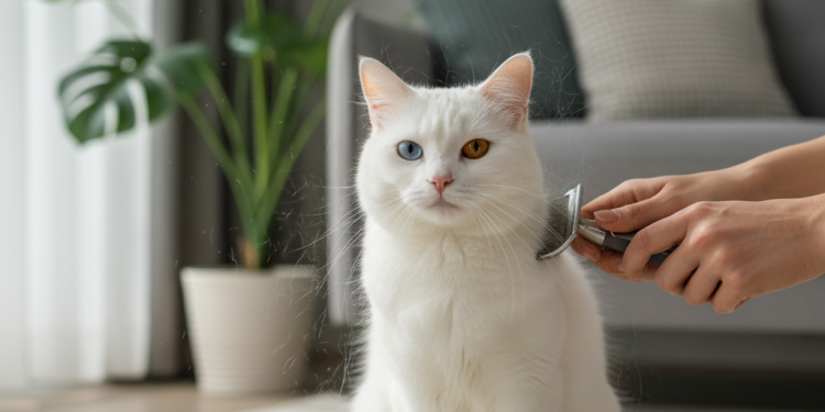 A stunning, photorealistic shot of a pure white Van cat with one blue eye and one amber eye, sitting gracefully in a brightly lit, modern living room