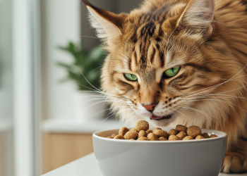 A photorealistic close-up shot of a beautiful, healthy long-haired cat, possibly a Maine Coon or Siberian, with striking green eyes