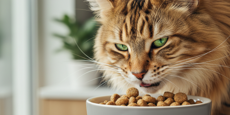 A photorealistic close-up shot of a beautiful, healthy long-haired cat, possibly a Maine Coon or Siberian, with striking green eyes