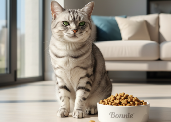 A stunning, photorealistic shot of a healthy, sleek silver tabby cat with vibrant green eyes