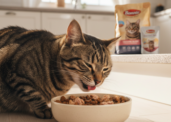 A beautiful, healthy adult tabby cat is seen from a close-up, eye-level perspective, happily eating from a clean ceramic bowl