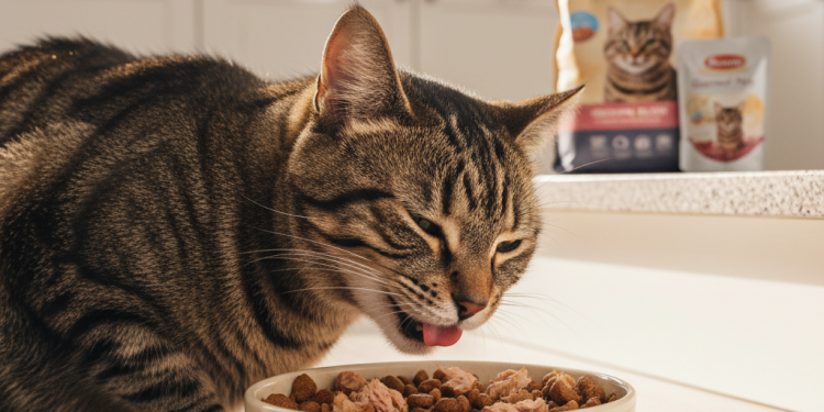 A beautiful, healthy adult tabby cat is seen from a close-up, eye-level perspective, happily eating from a clean ceramic bowl