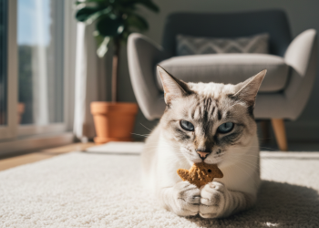 A highly detailed, photorealistic shot of a graceful, senior Siamese cat with striking blue eyes, comfortably resting on a plush, cream-colored rug in a brightly lit, modern living room