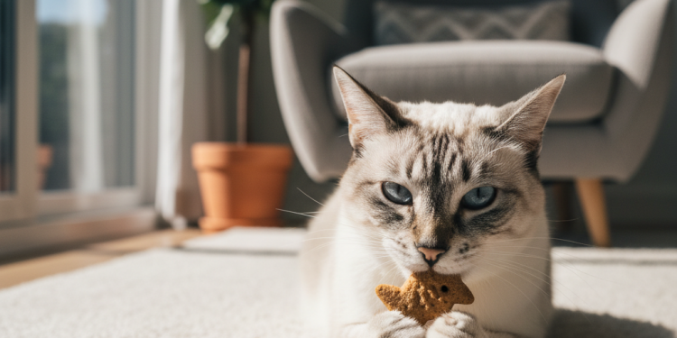 A highly detailed, photorealistic shot of a graceful, senior Siamese cat with striking blue eyes, comfortably resting on a plush, cream-colored rug in a brightly lit, modern living room