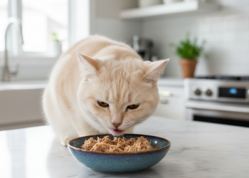 A photorealistic, elegant shot of a sophisticated adult cat, perhaps a British Shorthair or a Persian, delicately eating from a stylish ceramic bowl filled with gourmet wet cat food that resembles...