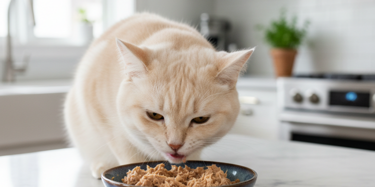 A photorealistic, elegant shot of a sophisticated adult cat, perhaps a British Shorthair or a Persian, delicately eating from a stylish ceramic bowl filled with gourmet wet cat food that resembles...