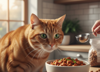 Kedi Mama ile Kilo Problemini Çözme: Etkili Beslenme Önerileri 4 A photorealistic, heartwarming shot of a slightly overweight but healthy-looking domestic cat, perhaps a Tabby or a ginger cat, curiously looking at a ceramic bowl filled with high-quality wet cat...