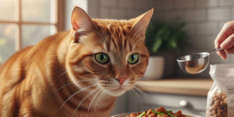 A photorealistic, heartwarming shot of a slightly overweight but healthy-looking domestic cat, perhaps a Tabby or a ginger cat, curiously looking at a ceramic bowl filled with high-quality wet cat...