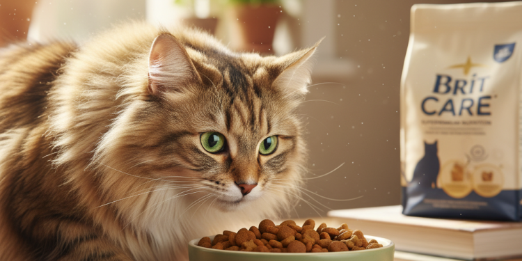 A photorealistic, heartwarming close-up shot of a beautiful long-haired cat, perhaps a Norwegian Forest Cat or a Maine Coon, with bright, curious eyes