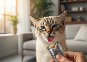 Moow Yetişkin Kedi Maması Satın Alma Rehberi: En İyi Seçimler 8 A photorealistic, heartwarming close-up shot of a beautiful adult cat, perhaps a Tabby or a Siamese, being lovingly fed a liquid treat from a sachet by its owner