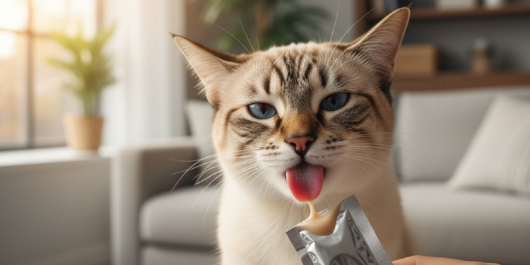 Moow Yetişkin Kedi Maması Satın Alma Rehberi: En İyi Seçimler 1 A photorealistic, heartwarming close-up shot of a beautiful adult cat, perhaps a Tabby or a Siamese, being lovingly fed a liquid treat from a sachet by its owner