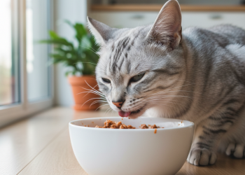 A photorealistic shot of a beautiful domestic cat, perhaps a silver tabby or a Siamese mix, with a sleek and healthy coat, peacefully eating from a clean, ceramic bowl