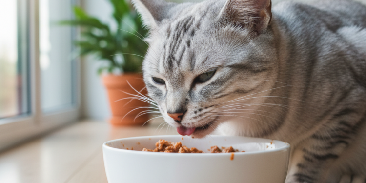 Rokus Mama ile Kedilerde Besin Alerjisi: Etkili Çözüm Önerileri 1 A photorealistic shot of a beautiful domestic cat, perhaps a silver tabby or a Siamese mix, with a sleek and healthy coat, peacefully eating from a clean, ceramic bowl