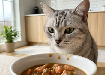 A photorealistic, high-detail shot of a beautiful, healthy silver tabby cat eagerly looking at a ceramic bowl filled with wet cat food