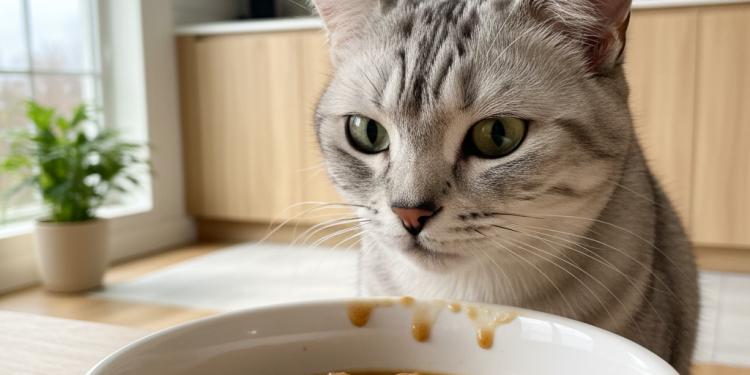 A photorealistic, high-detail shot of a beautiful, healthy silver tabby cat eagerly looking at a ceramic bowl filled with wet cat food